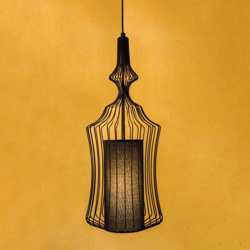 Black metallic single-light hanging lamp with fabric lampshade No2