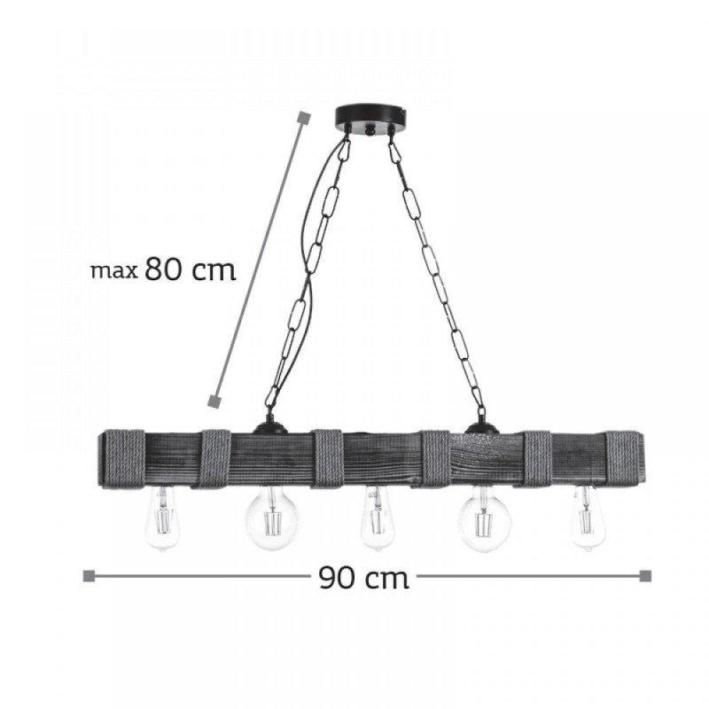 Five-fold hanging lamp made of chain with wood and rope with lamps