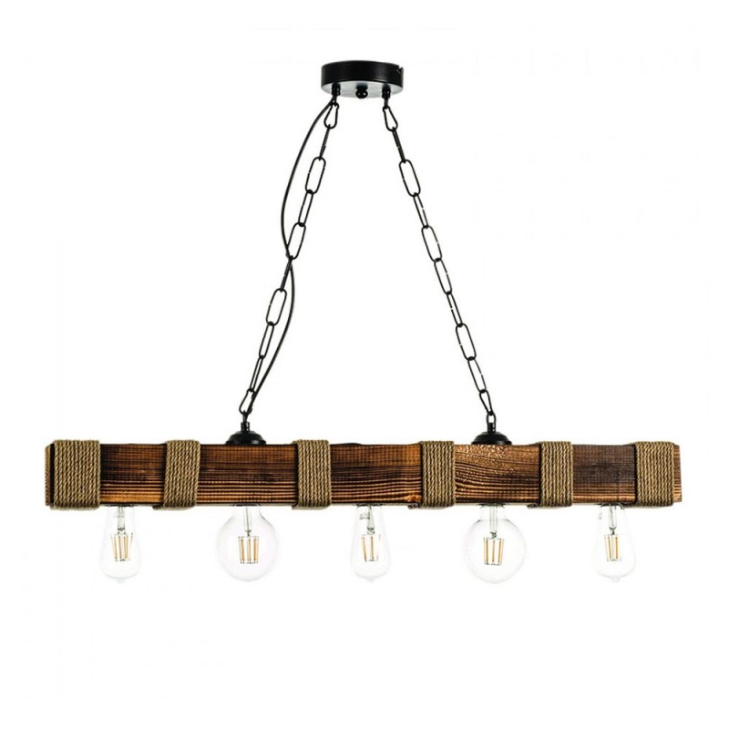Five-fold hanging lamp made of chain with wood and rope with lamps