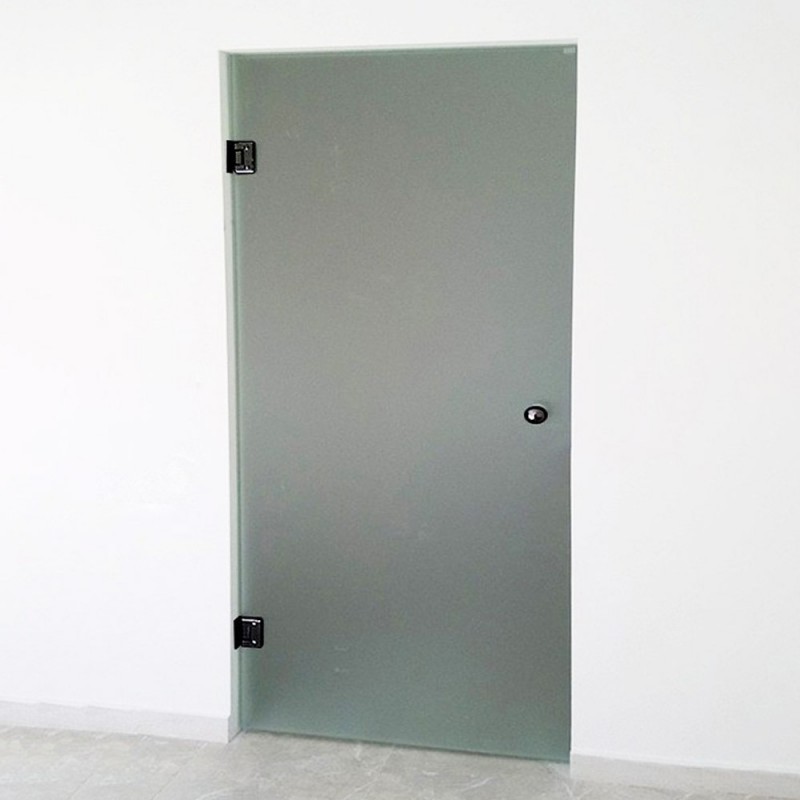 Hinged 10mm securit satin glass door with black fittings