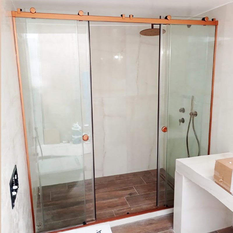 Δίφυλλη συρόμενη καμπίνα μπάνιου 160x190cm με δυο σταθερά και δύο συρόμενα χρώμα χαλκού