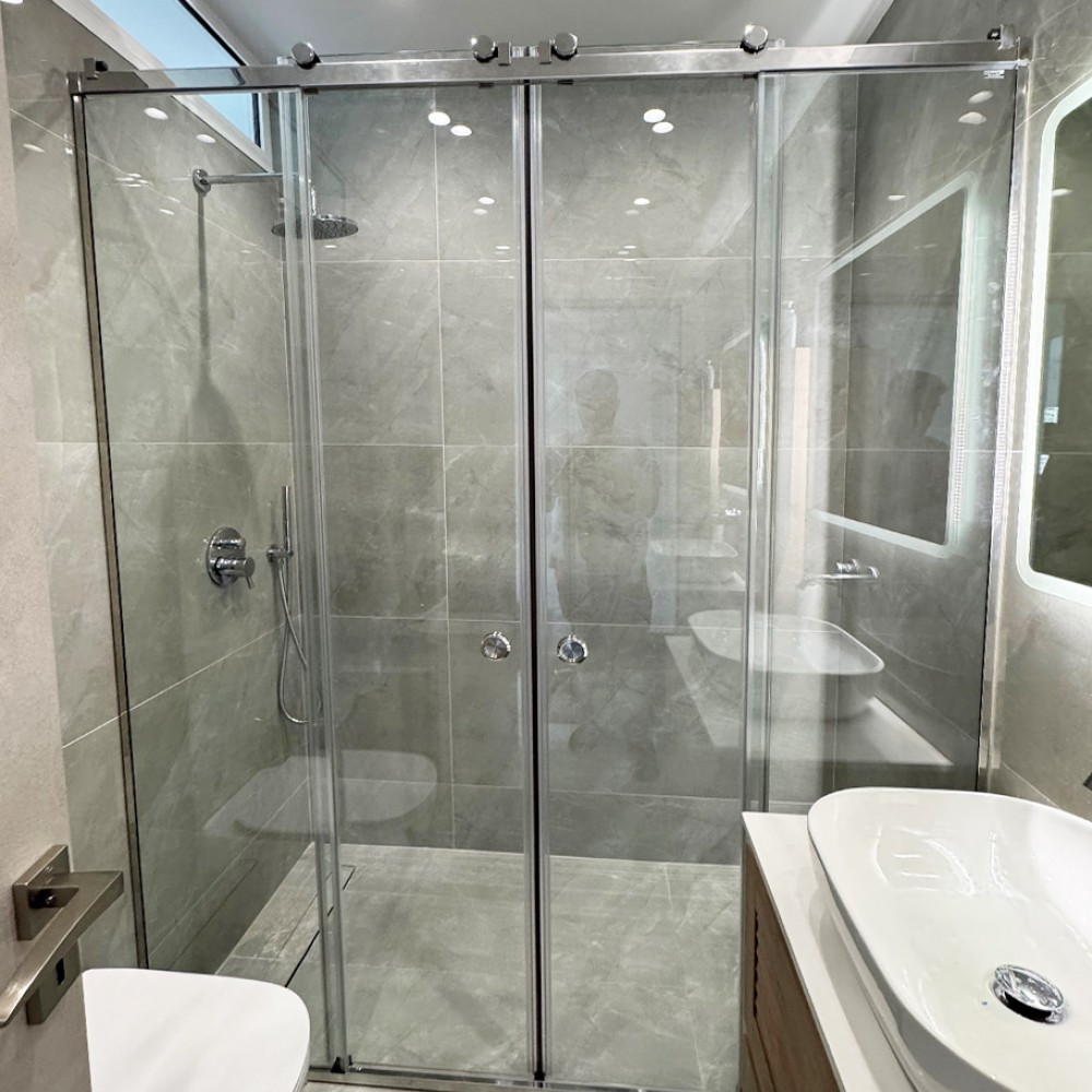 Γυάλινη καμπίνα ντουζιέρας μπάνιου 10mm 160x190cm με 2 συρόμενα φύλλα inox οδηγός