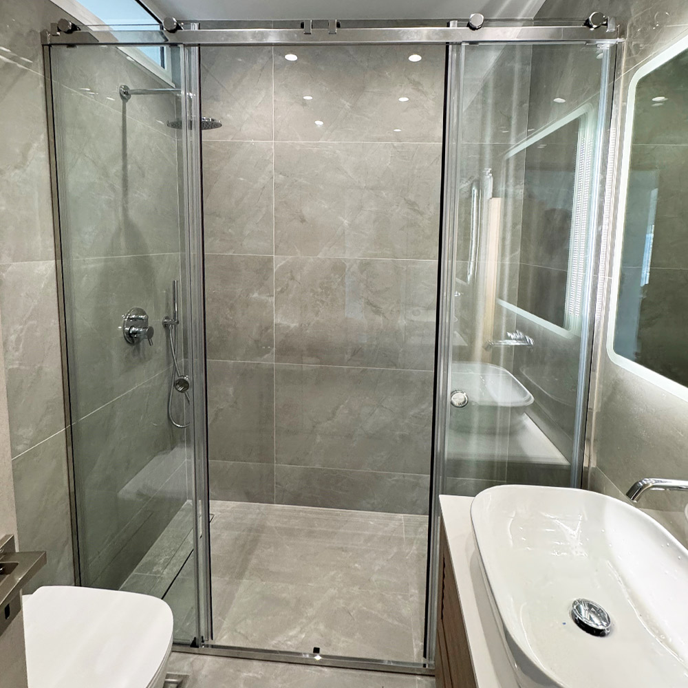 Γυάλινη καμπίνα ντουζιέρας μπάνιου 10mm 160x190cm με 2 συρόμενα φύλλα inox οδηγός