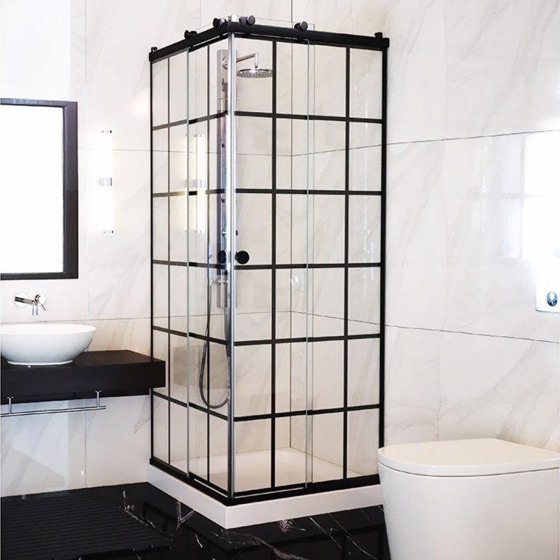 Συρόμενη καμπίνα ντουζιέρας μπάνιου 10mm 80x80x190cm γωνιακή με μαύρα εξαρτήματα