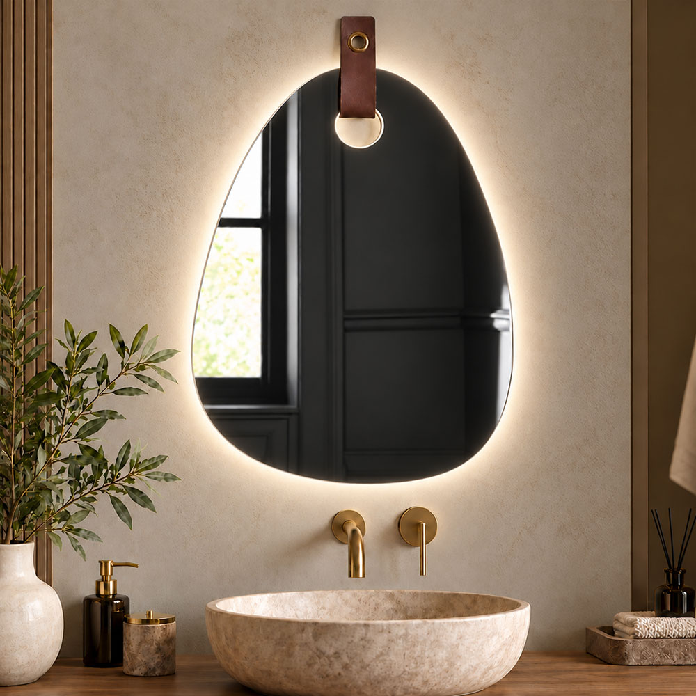 Καθρέπτης 60x80cm σε σχήμα βότσαλο με οπή και δερμάτινο λουράκι
