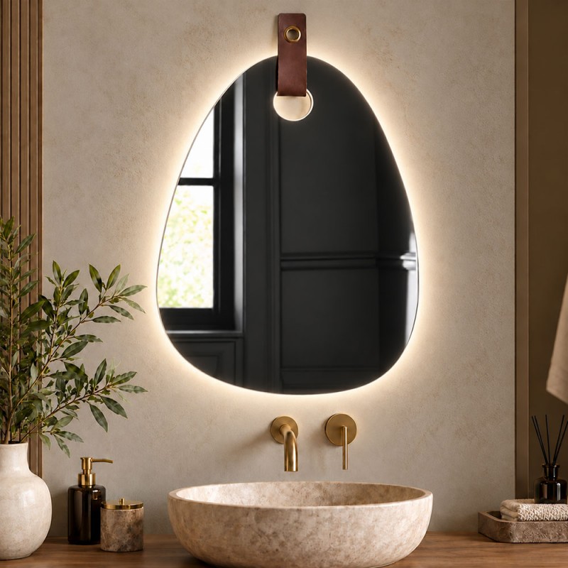 Καθρέπτης 60x80cm σε σχήμα βότσαλο με οπή και δερμάτινο λουράκι