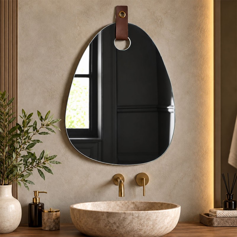 Καθρέπτης 60x80cm σε σχήμα βότσαλο με οπή και δερμάτινο λουράκι