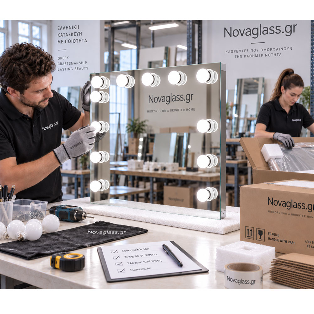 Καθρέπτης μακιγιάζ hollywood 90x70cm με λάμπες σε τρεις πλευρές και με κονσόλα