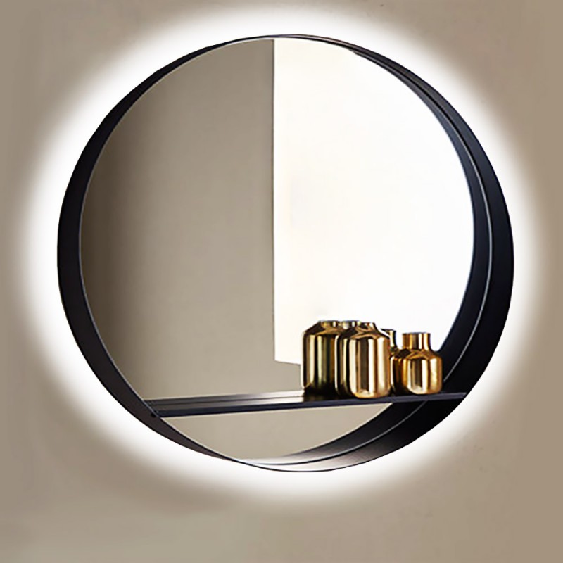 Καθρέπτης led στρογγυλός Φ60cm - Φ80cm με μαύρη χαλύβδινη λάμα και ράφι