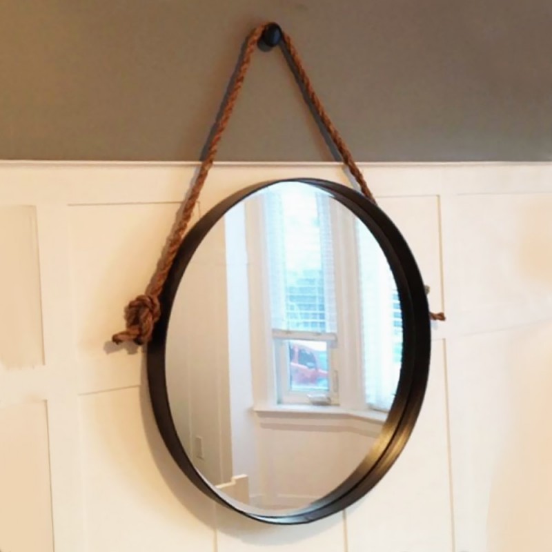 Καθρέπτης τοίχου στρογγυλός Φ60cm - Φ90cm με μαύρη λάμα χάλυβα και σχοινί