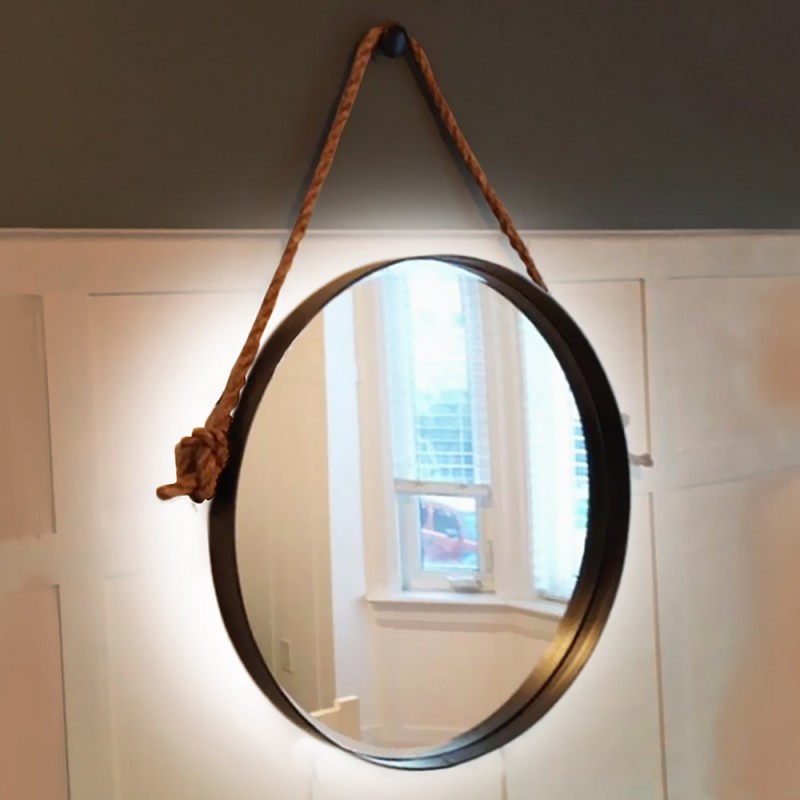 Καθρέπτης τοίχου στρογγυλός Φ60cm - Φ90cm με μαύρη λάμα χάλυβα και σχοινί