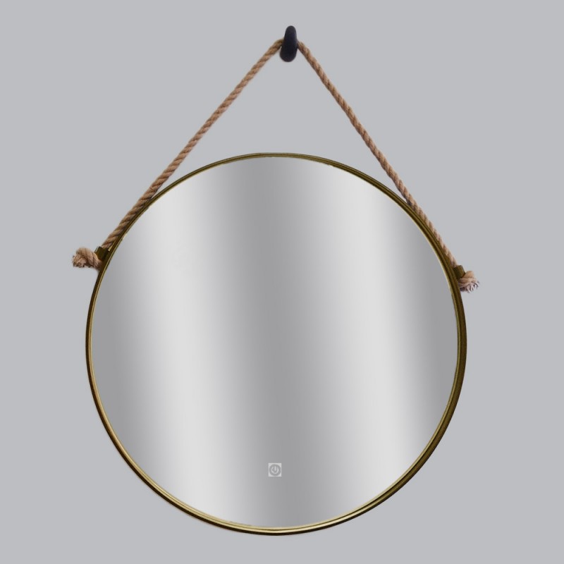Καθρέπτης led τοίχου στρογγυλός Φ60cm - Φ80cm με μπρονζέ λάμα χάλυβα και σχοινί
