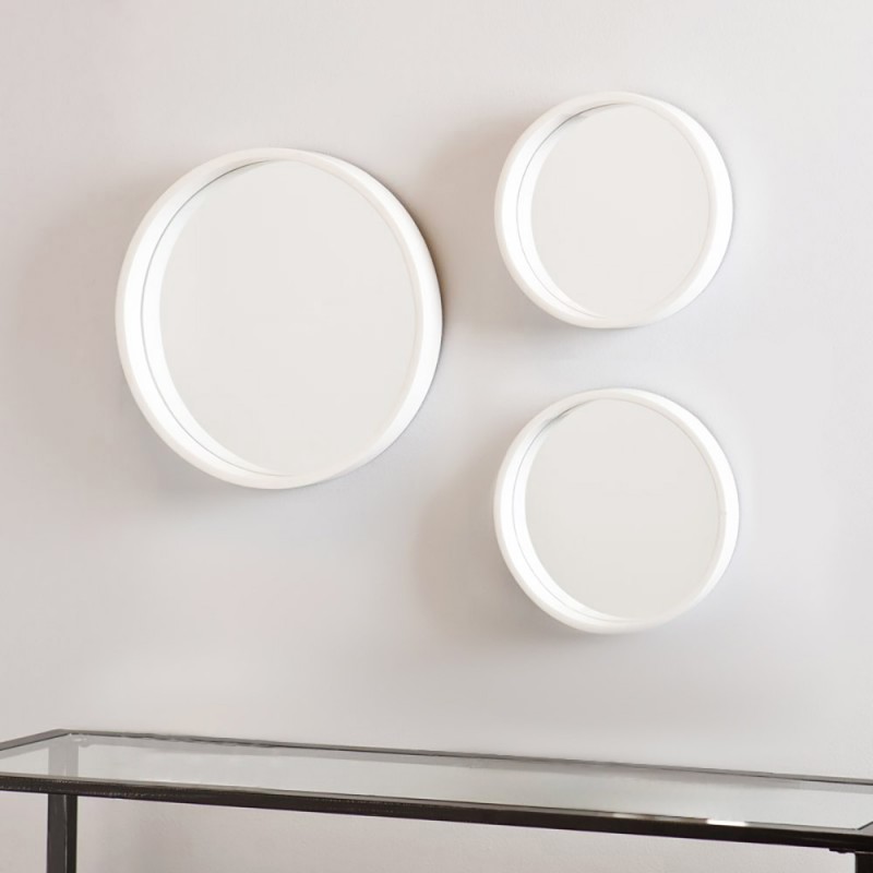Composition of round bathroom wall mirrors made of metal in white color set of 3 pieces