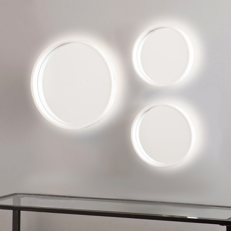Composition of round bathroom wall mirrors made of metal in white color set of 3 pieces