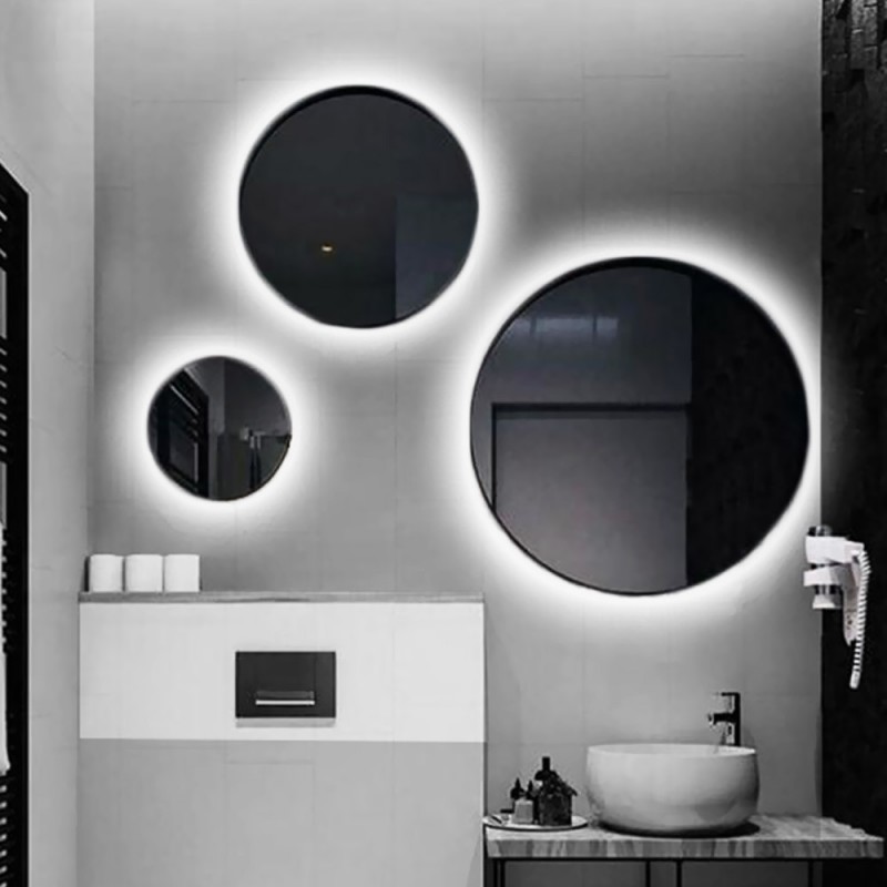 Composition of round bathroom wall mirrors made of metal in black color set of 3 pieces