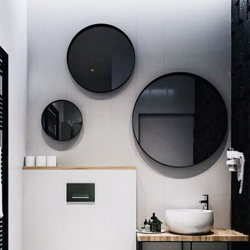 Composition of round bathroom wall mirrors made of metal in black color set of 3 pieces