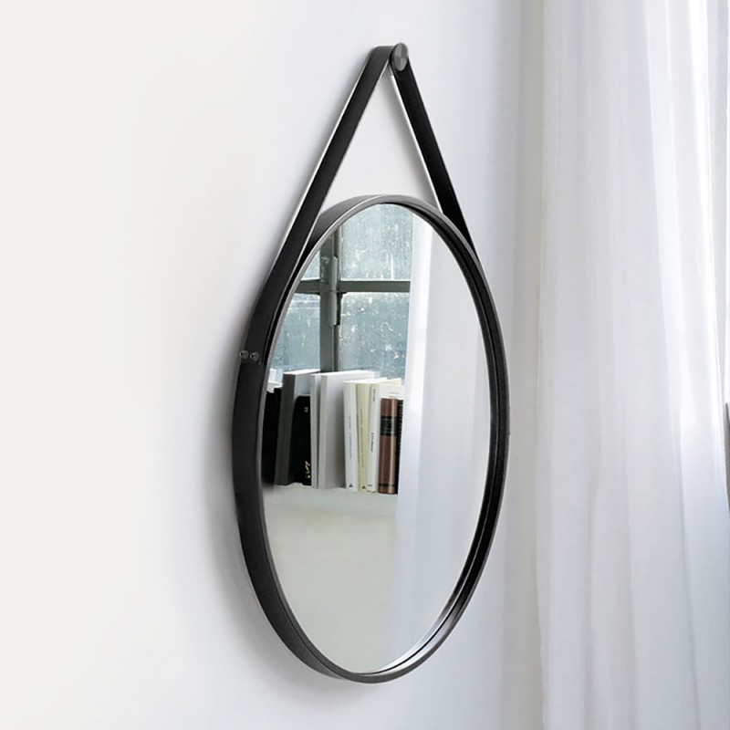  Round wall mirror Ø60cm - Ø80cm with black steel blade and leather strap