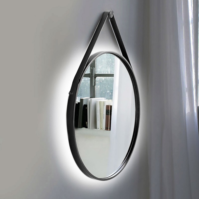 Καθρέπτης τοίχου στρογγυλός Φ60cm - Φ80cm με μαύρη λάμα χάλυβα και δερμάτινο λουράκι