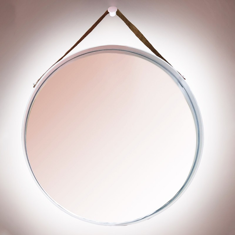 Καθρέπτης τοίχου στρογγυλός Φ60cm - Φ80cm με λευκή λάμα χάλυβα και δερμάτινο λουράκι