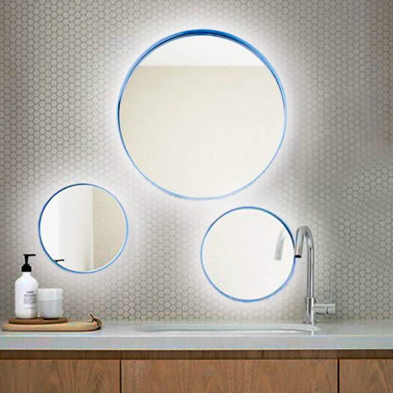 Composition of round led bathroom wall mirrors made of metal in blue color set of 3 pieces