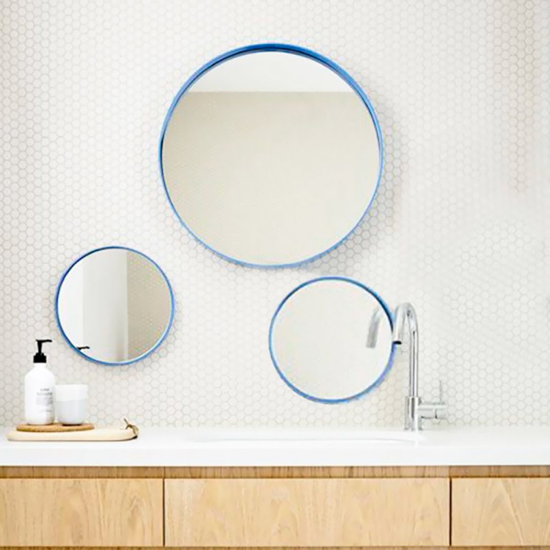  Composition of round bathroom wall mirrors made of metal in light blue color set of 3 pieces