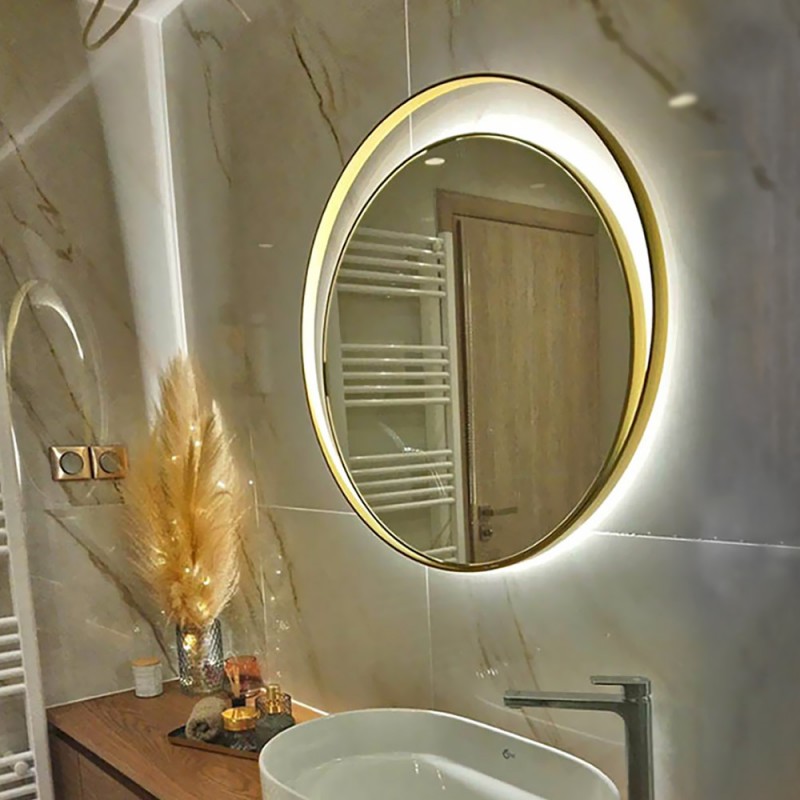 Καθρέπτης μπάνιου τοίχου στρογγυλός Φ80cm με διπλή χρυσή λάμα χάλυβα