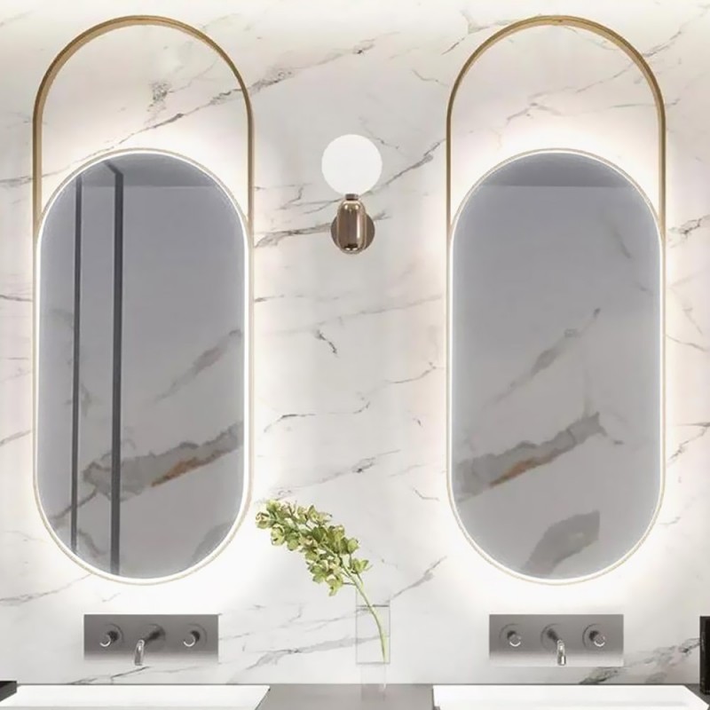 Led bathroom wall mirror metal oval capsule 45x90cm electrostatically painted gold or black