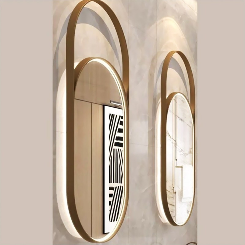 Led bathroom wall mirror metal oval capsule 45x90cm electrostatically painted gold or black