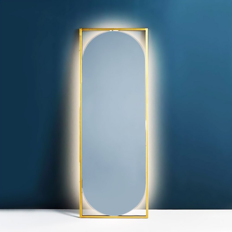 Living room wall mirror with led, 60x180cm oval with gold metal frame