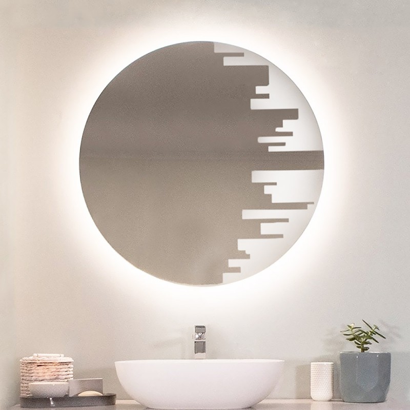  Led bathroom wall mirror round Φ80cm with sandblasting pattern