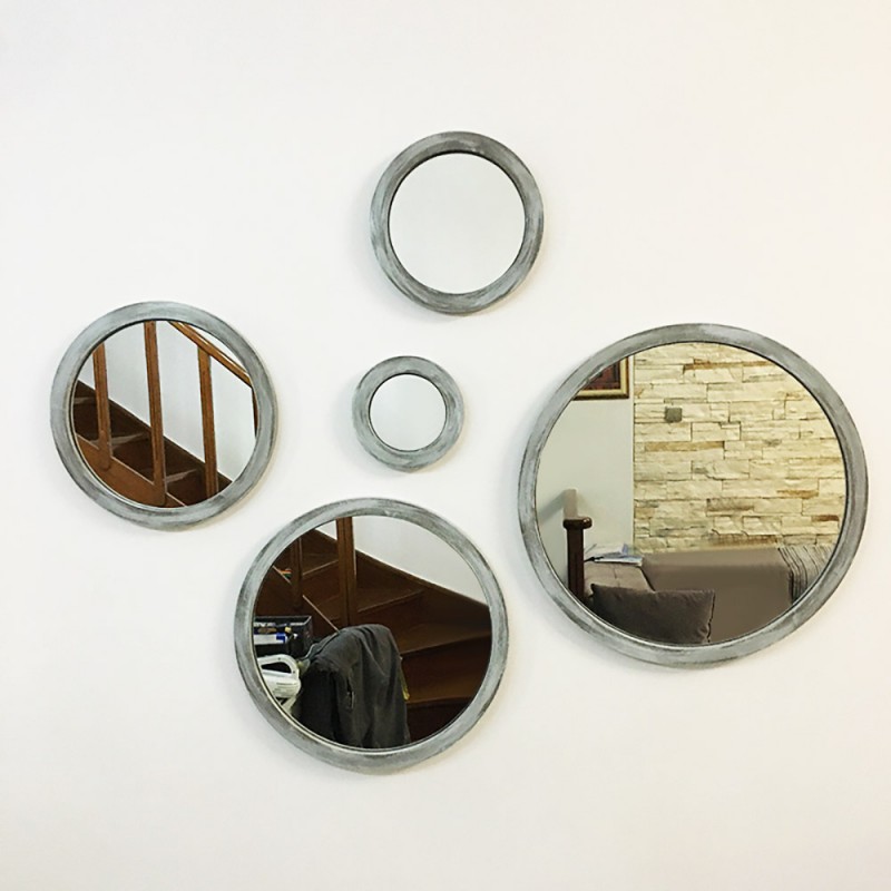 Καθρέπτες με ξύλινο πλαίσιο σε γκρι ή καφέ πούρου χρώμα στρογγυλοί σετ 5 τμχ Φ60cm - Φ50cm - Φ40cm - Φ30cm - Φ20cm