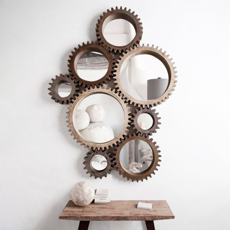 Mirrors set of 8 pieces in the shape of a gear made of wood